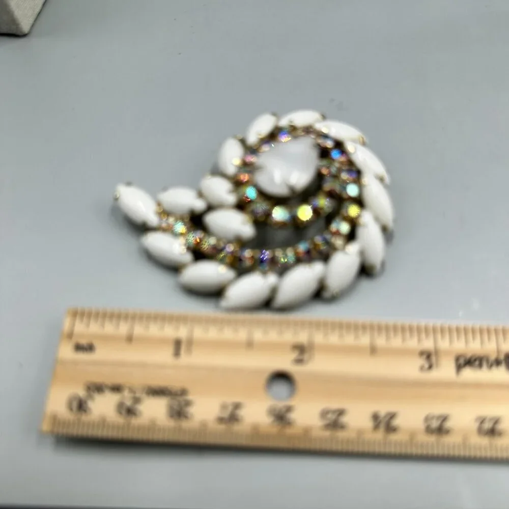 Vintage Milk Glass Rhinestone Brooch Silver Tone Aurora Borealis Swirl Statement